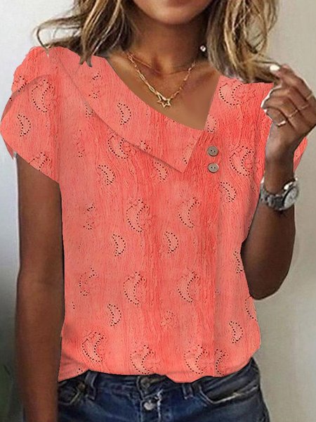 

Asymmetrical Short Sleeve Plain Buckle Regular Loose Blouse For Women, Orange red, Blouses