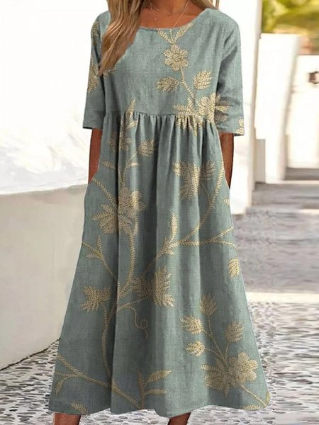 

Women Floral Crew Neck Half Sleeve Comfy Casual Midi Dress, Green, Dresses