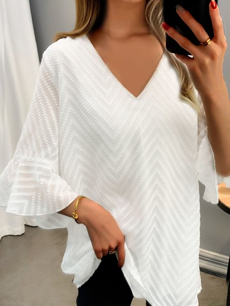 

V Neck Three Quarter Sleeve Plain Regular Loose Blouse For Women, White, Blouses