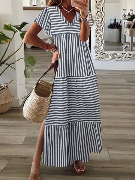 

Women Striped V Neck Short Sleeve Comfy Casual Maxi Dress, Deep gray, Dresses