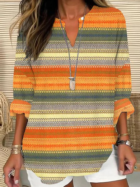 

Notched Long Sleeve Striped Regular Loose Blouse For Women, Multicolor, Blouses