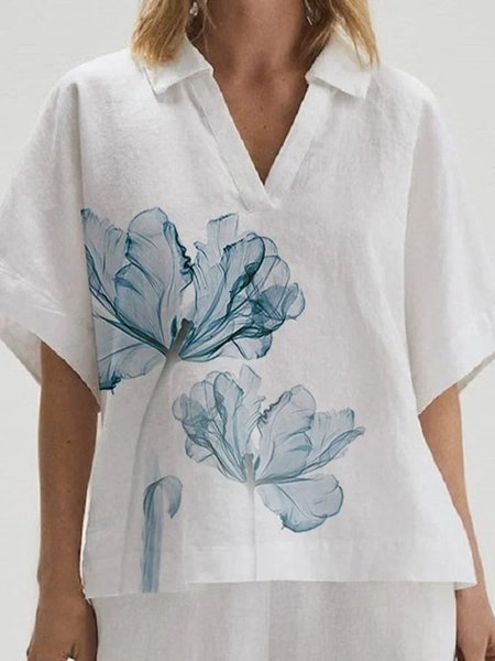 

Shawl Collar Loose Vacation Floral Shirt, White, Blouses & Shirts