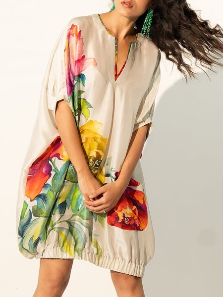 

Floral V Neck Vacation Half Sleeve Loose Dress, As picture, Mini Dresses