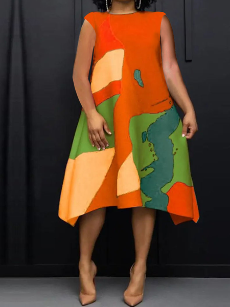 

Loose Urban Crew Neck Dress With No, As picture, Midi Dresses