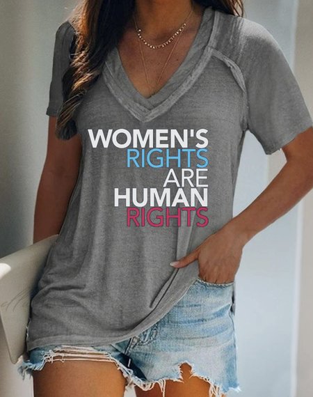 

Casual Text Letters V Neck Short Sleeve T-shirt, Gray, T-shirts