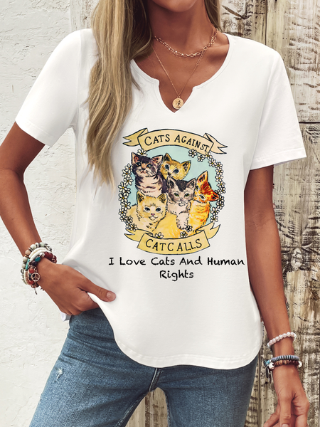 

Casual Text Letters Notched Short Sleeve T-shirt, White, T-shirts
