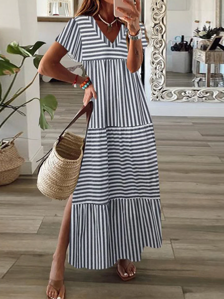 

Women Striped V Neck Short Sleeve Comfy Casual Maxi Dress, Blue, Dresses