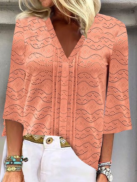 

V Neck Half Sleeve Plain Hollow Out Regular Micro-Elasticity Loose Blouse For Women, Light orange, Blouses
