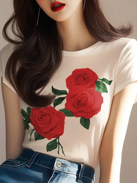 

Daily Casual Floral Crew Neck Short Sleeve T-Shirt, White, Tees