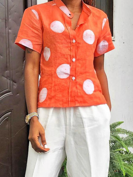 

Loose Stand Collar Short Sleeve Urban Shirt, Orange, Blouses and Shirts