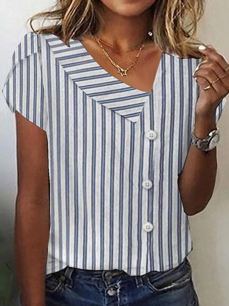 

Asymmetrical Short Sleeve Striped Buckle Regular Loose Blouse For Women, Blue, Blouses
