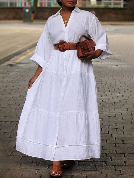 

Long Plain Loose Casual Dress With No Belt, White, Maxi Dresses