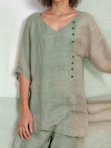 

Women's Half Sleeve Blouse Summer Plain Buckle Cotton And Linen V Neck Daily Going Out Casual Top Green, Blouses