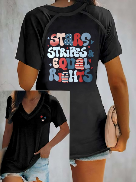 

Casual Text Letters V Neck Short Sleeve T-shirt, Black, T-shirts