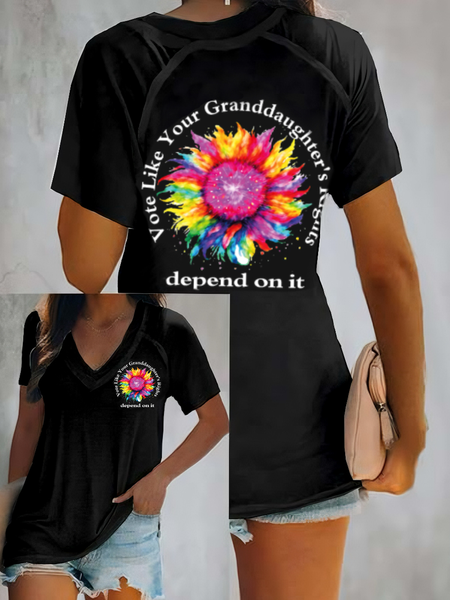 

Casual Text Letters V Neck Short Sleeve T-shirt, Black, T-shirts