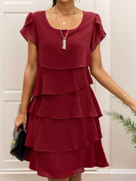 

Women's Short Sleeve Summer Plain Folds Chiffon Crew Neck Party Going Out Simple Midi H-Line Pink Dress, Wine red, Dresses