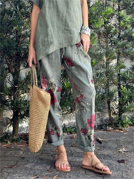 

Vacation Loose Floral Pants, Green, Pants