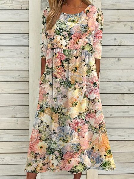 

Women Floral Crew Neck Half Sleeve Comfy Casual Midi Dress, Multicolor, Dresses