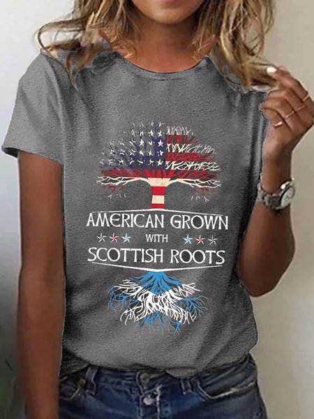 

Casual Independence Day Flag Print Leaf Crew Neck Short Sleeve T-shirt, Gray, T-shirts