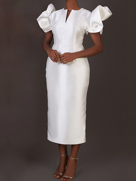 

Elegant Short Sleeve Plain Midi Dress, White, Midi Dresses