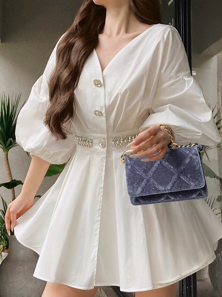 

Elegant V Neck Beaded Plain Dress, White, Mini Dresses
