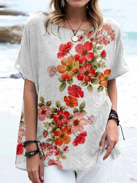 

Crew Neck Floral Casual Loose Shirt, As picture, Blouses & Shirts