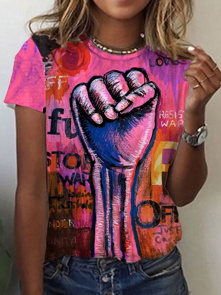 

Casual Text Letters Crew Neck Short Sleeve T-shirt, Pink, T-shirts