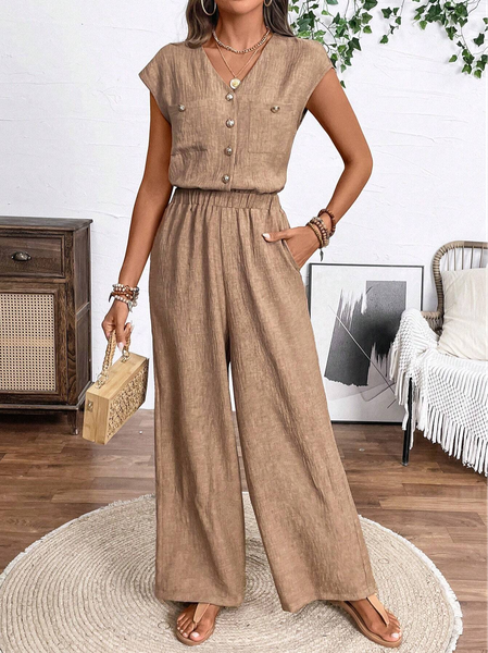 

Women's Buckle Plain Daily Going Out Two Piece Set Cap Sleeve Casual Summer Top With Pants Matching Set Khaki, Suit Set