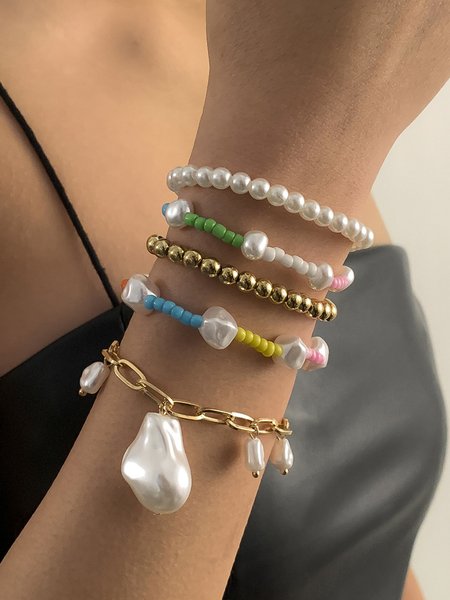 5pcs/set Imitation Pearls Beading Chain Bracelets, As picture, Bracelets