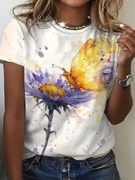 

Casual Floral Crew Neck Short Sleeve T-shirt, White, T-shirts