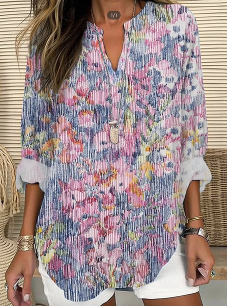 

V Neck Long Sleeve Floral Regular Loose Blouse For Women, Multicolor, Blouses