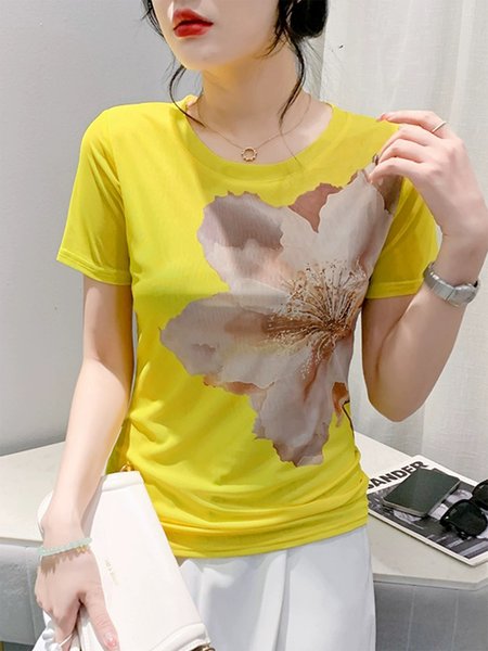 

Crew Neck Casual Short Sleeve Floral T-Shirt, Yellow, Tees