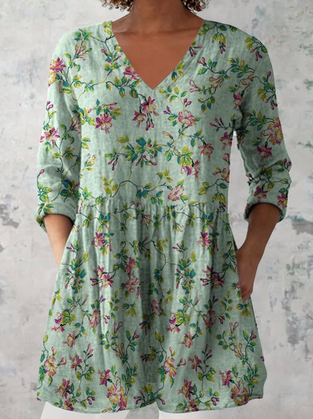 

V Neck Three Quarter Sleeve Floral Regular Loose Blouse For Women, Green, Blouses
