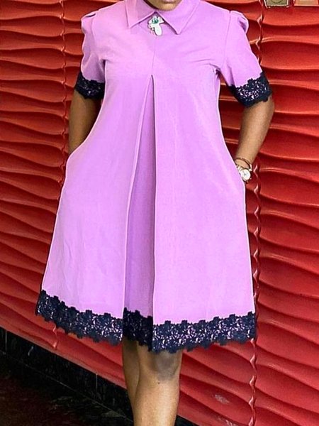 

Elegant Plain Short Sleeve Loosen Dress With Brooch, Pink, Mini Dresses