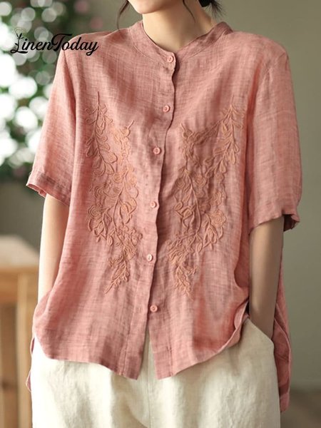 

Embroidery Patterns Crew Neck Cotton-Blend Vintage Shirt, Pink, Blouses & Shirts