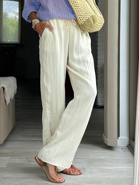 Casual Plain Long Elastic Waist Pocket Stitching Pant, Apricot, Pants