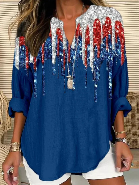 

Crew Neck Long Sleeve America Flag Regular Loose Blouse For Women, Color1, T-shirts