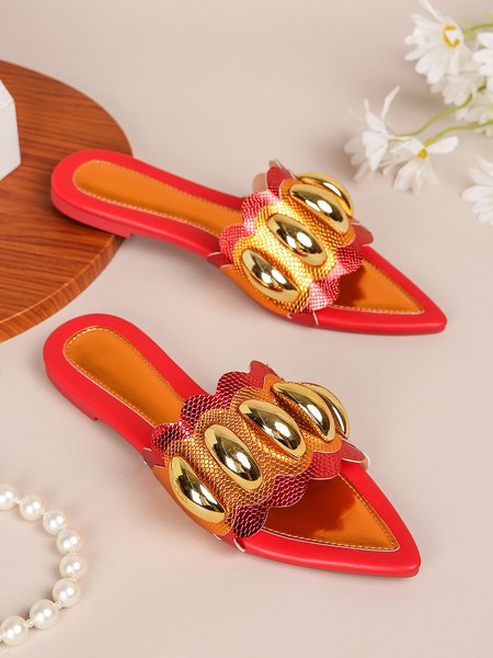 

Metal Decor Color-block Embossed Slide Sandals, Orange, Slippers