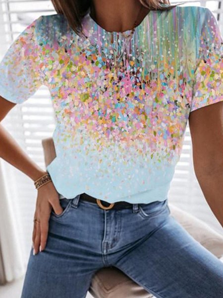 Casual Floral T-Shirt, Light blue, T-shirts