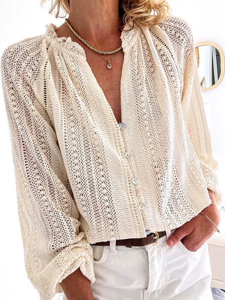 

V Neck Long Sleeve Plain Buttoned Lightweight Medium Elasticity Loose Blouse For Women, Apricot, Shirts