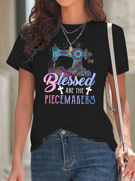 Casual Text Letters Crew Neck Short Sleeve T-shirt, Black, T-shirts