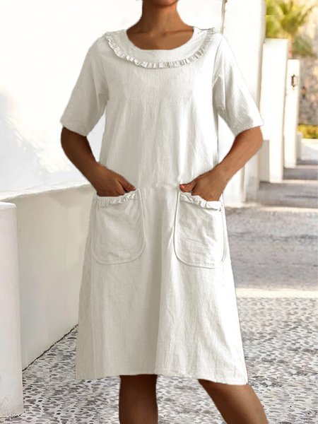 

Crew Neck Cotton Casual Dress With No, White, Midi Dresses