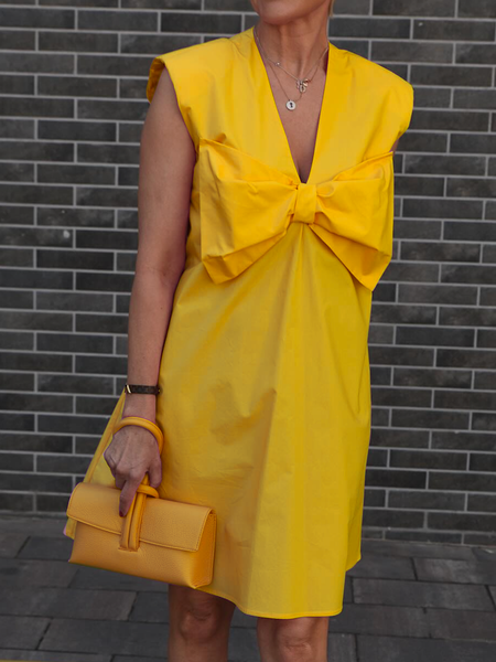 

Loose Urban Plain V Neck Cap Sleeve Mini Dress, Yellow, Mini Dresses