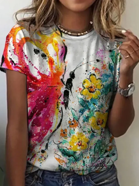 

Casual Floral Crew Neck Short Sleeve T-shirt, Multicolor, T-shirts