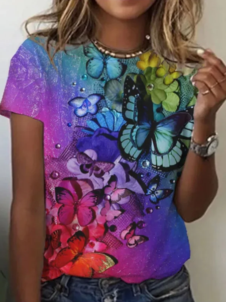 

Casual Butterfly Crew Neck Short Sleeve T-shirt, Purple, T-shirts