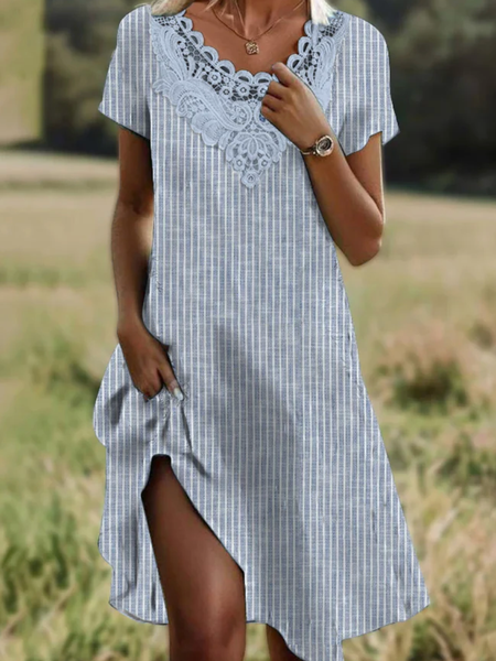 Women Striped V Neck Short Sleeve Comfy Casual Midi Dress, Blue, Midi