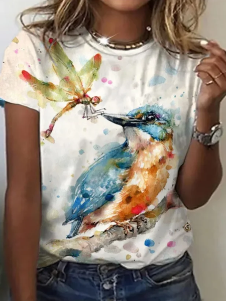 

Casual Bird Crew Neck Short Sleeve T-shirt, Multicolor, T-shirts