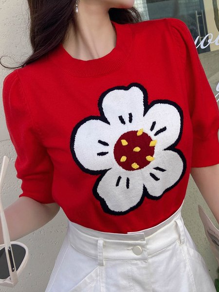 

Daily Regular Fit Crew Neck Short Sleeve Floral Top, Red, Pullovers