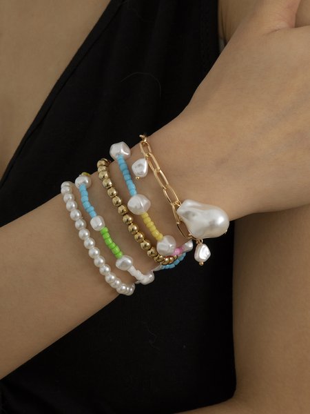 

5pcs/set Imitation Pearls Beading Chain Bracelets, As picture, Bracelets