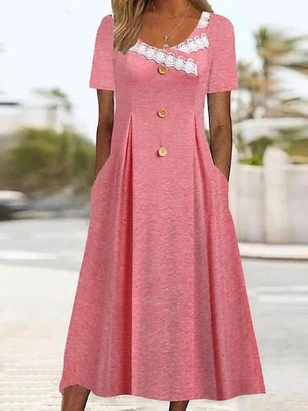 

Women Plain V Neck Long Sleeve Comfy Casual Buckle Midi Dress, Pink, Maxi